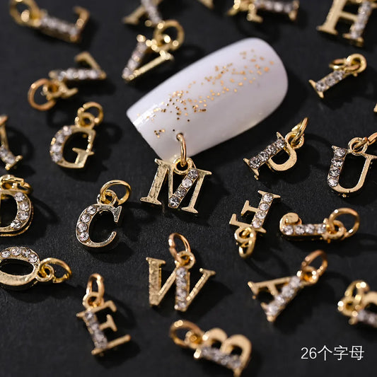 10/26Pcs Pierced Hoop Alphabet 3D Nail Art Charms (0-9)/A-Z Dangle