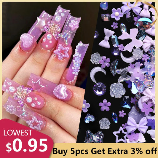 100/200pcs 3D Mixed Nail Decorations Kawaii Heart Flower Bear Pearl